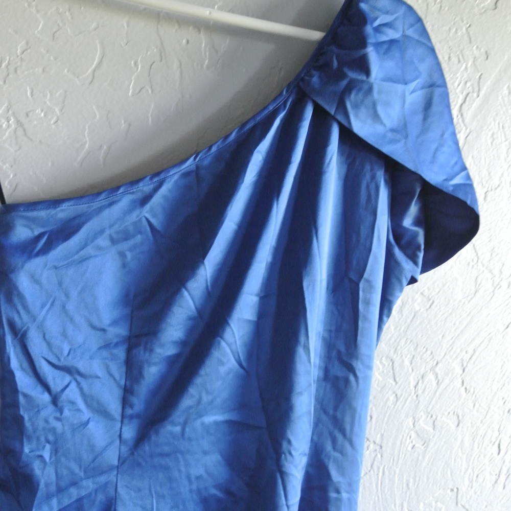 Blue Silky Ruched One Shoulder Cocktail Dress